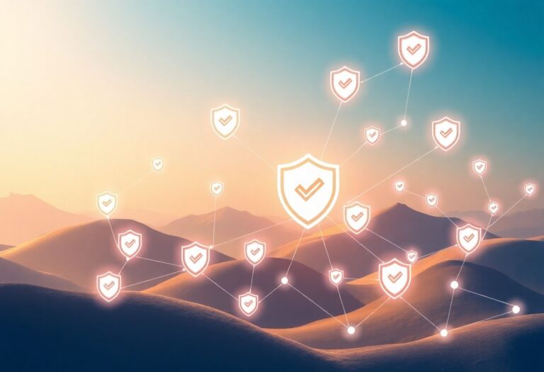 Digital landscape showing interconnected SaaS companies with verification symbols, representing trust and security.